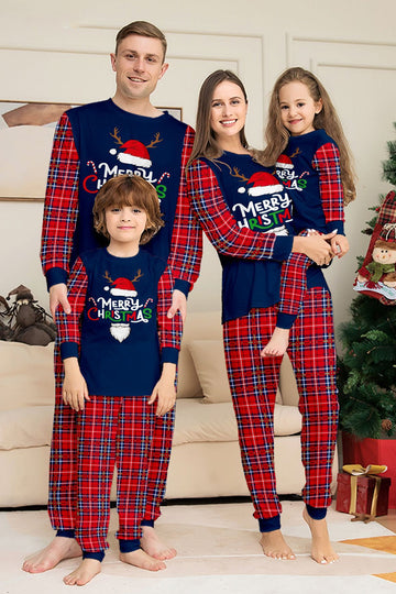 Conjunto de pijamas de Navidad de pantalones a cuadros de manga larga en azul marino rojo